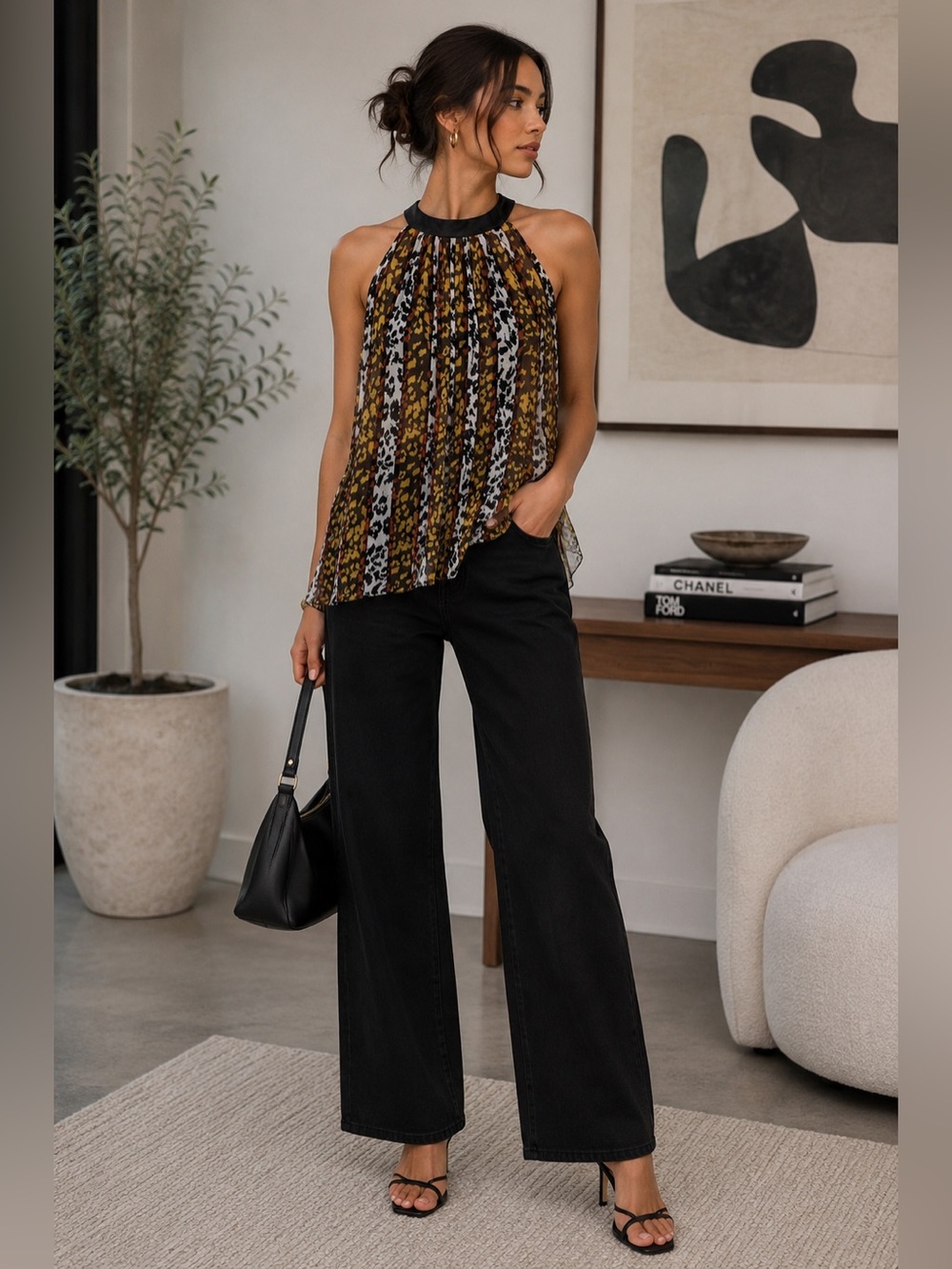 ECI New York Size 8 Animal Print Pleated Halter Blouse Sheer Top